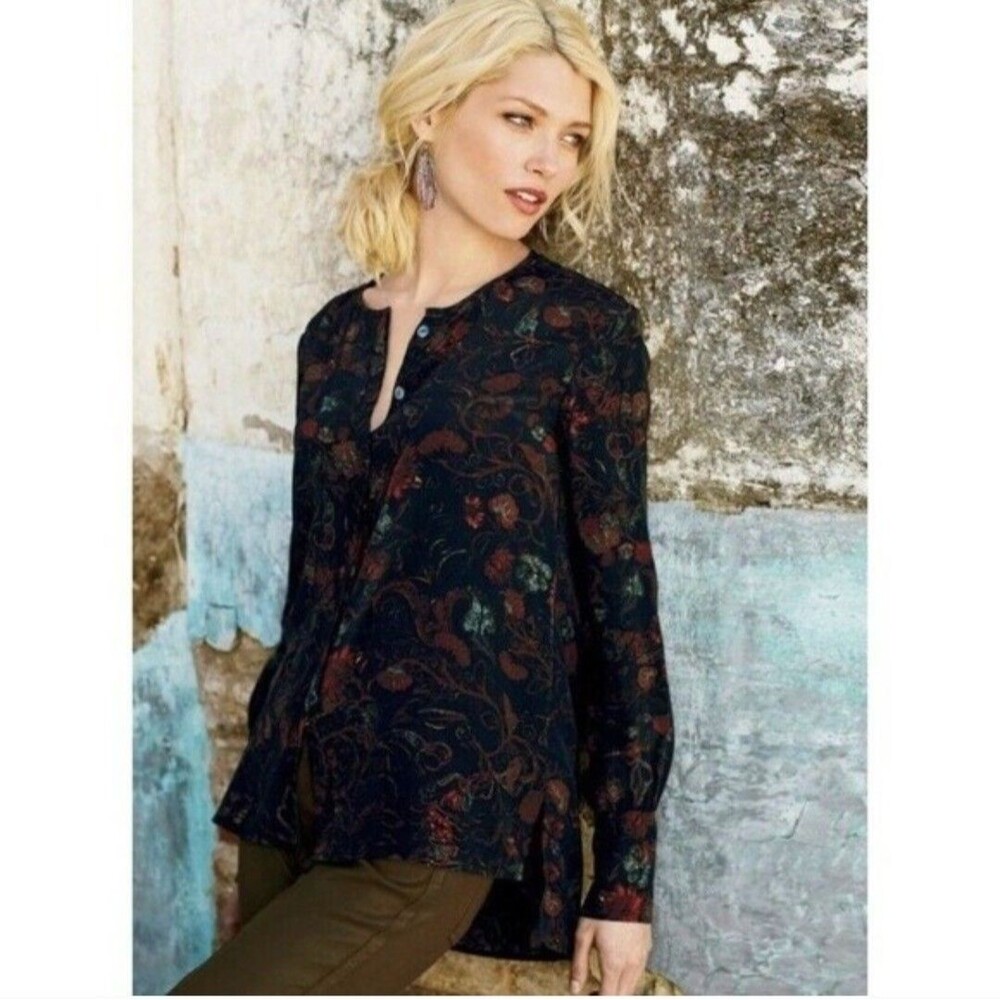 Peruvian Connection Paraiso 100% Silk Tunic Women's Medium Floral Hi-Low Hem Top